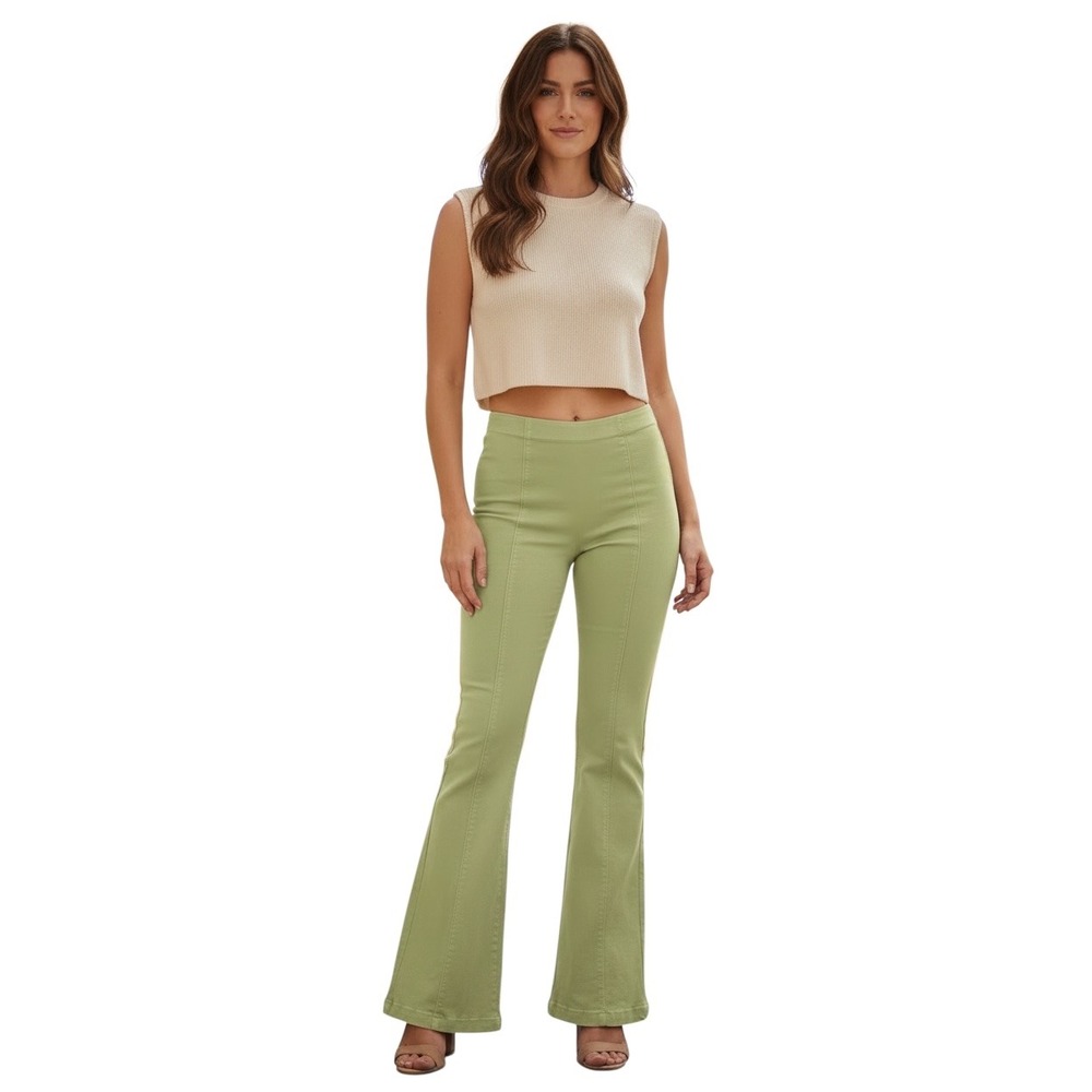 Free People Penny Pull-On Flare Jeans Sage Green High Rise Size 31